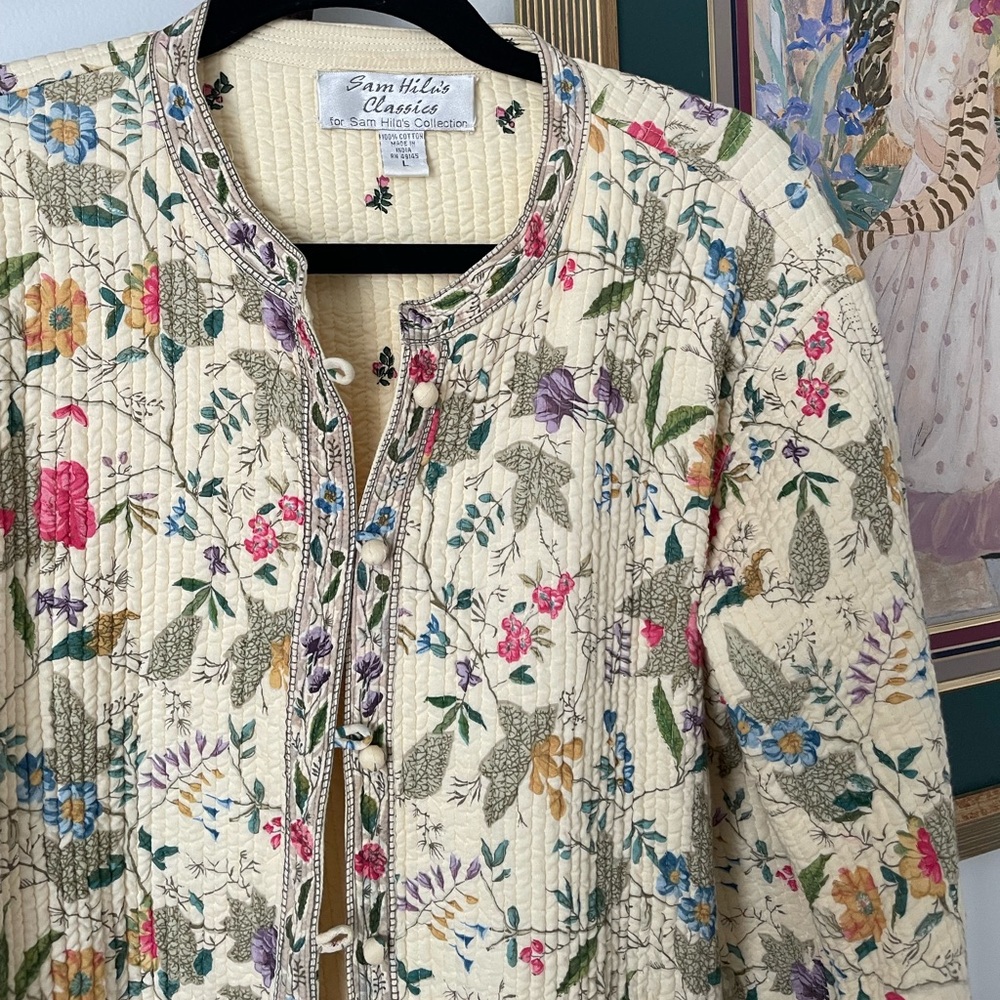 vintage gardencore quilted floral patterned button down jacket ivory size L - Picture 6 of 10